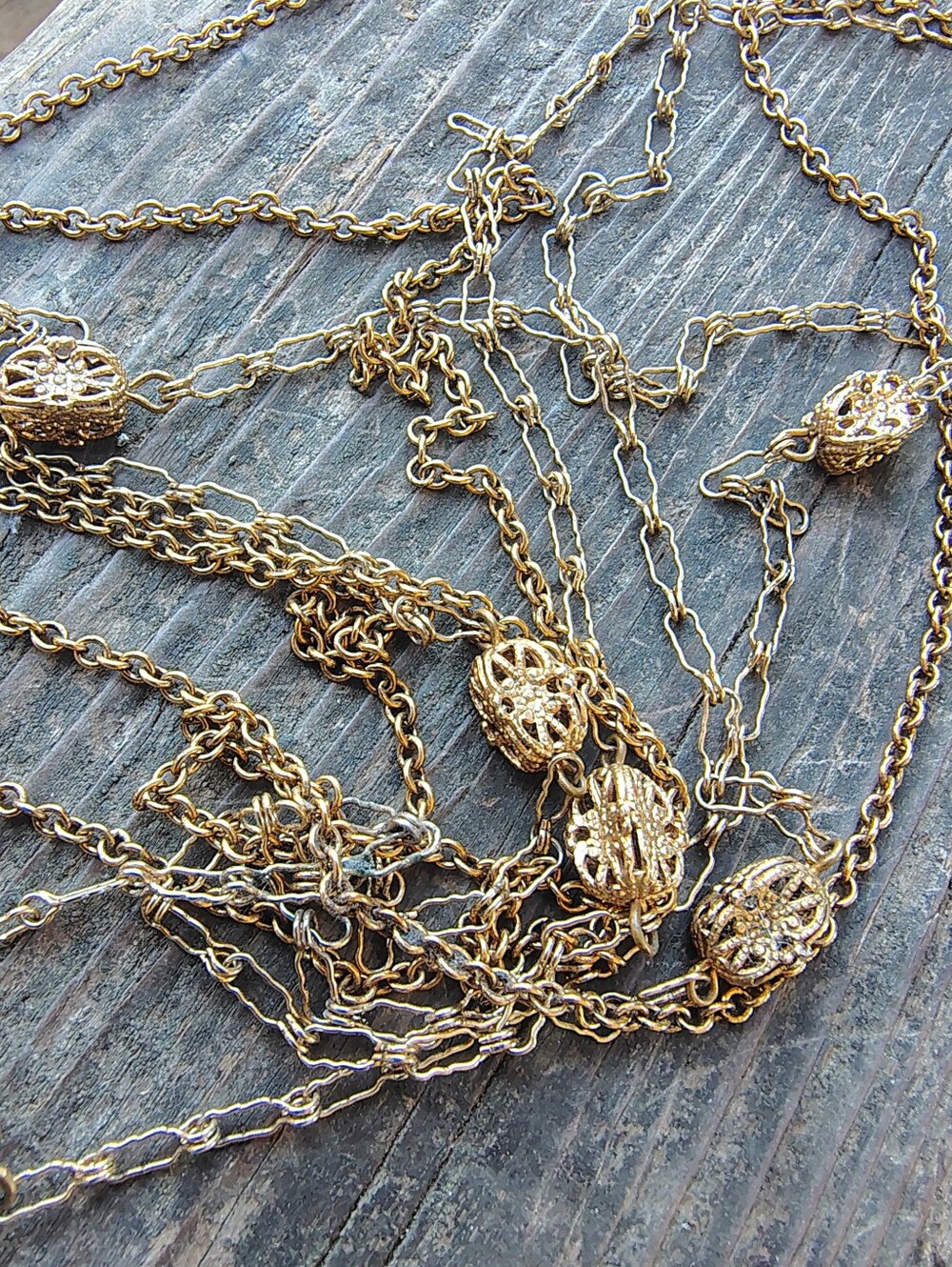 Gold Tone Filigree Vintage Long Double -Chain Necklace-See Pics For Info